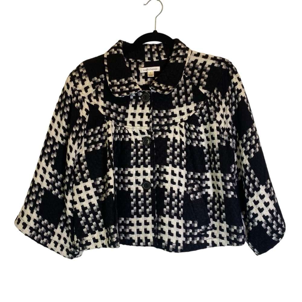 John Paul Richard Women's L cropped houndstooth black white lined jacket cape
